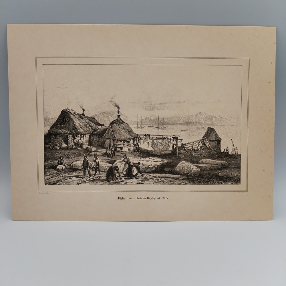 Antique 1838 Reykjavik Iceland Lithograph Fishermen's Huts Auguste Mayer Print